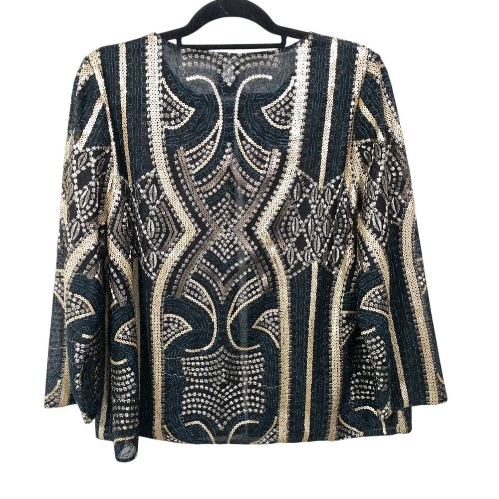 Chico's Sheer Open Jacket Travelers Collection Gold Black Geometric SZ L Sequin - Picture 3 of 11